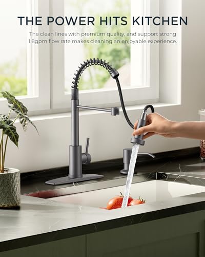 FORIOUS Kitchen Sink Faucet, Pull Down Sprayer, Classic High Arc, Grey | Lead-Free Stainless Steel, Single Handle Commercial Spring Kitchen Faucets for Laundry Utility Room, Outdoor Farmhouse Camper - color: Gray