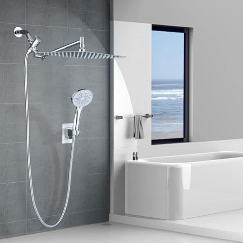 Peicuai Shower Head Combo, 10 Inch High Pressure Rain Shower Head with 11 Inch Adjustable Extension Arm, 5-Setting Handheld Shower with Long Hose, Powerful Spray for Low Water Pressure - color: 10-Inch Chrome