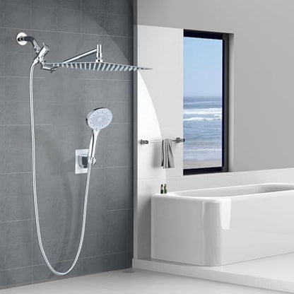 Peicuai Shower Head Combo, 10 Inch High Pressure Rain Shower Head with 11 Inch Adjustable Extension Arm, 5-Setting Handheld Shower with Long Hose, Powerful Spray for Low Water Pressure - color: 10-Inch Chrome