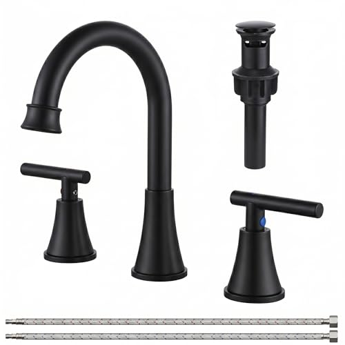 COMLLEN Black Bathroom Faucet 3 Hole Vanity,360 Degree Rotating Spout, 2 Handle 360° Swivel Matte Black 8 Inch Widespread Bathroom Sink Faucet 3 Holes, with Pop-up Drain, Supply Lines - color: Black