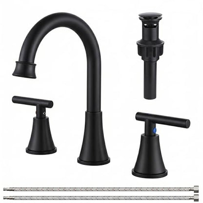 COMLLEN Black Bathroom Faucet 3 Hole Vanity,360 Degree Rotating Spout, 2 Handle 360° Swivel Matte Black 8 Inch Widespread Bathroom Sink Faucet 3 Holes, with Pop-up Drain, Supply Lines - color: Black