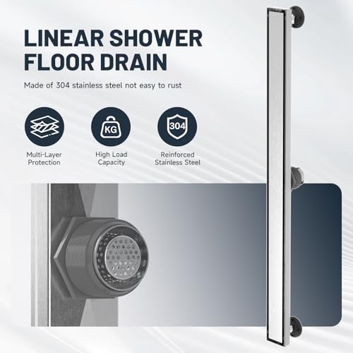 Linear Shower Drain 36 Inch Shower Trench Drain with Tile Insert Grate | Evolvegoods 304 Stainless Steel Bathroom Floor Drain,Rectangular Shower Drain with Leveling Feet,Hair Strainer,Brushed Nickel - size: 36 Inches
