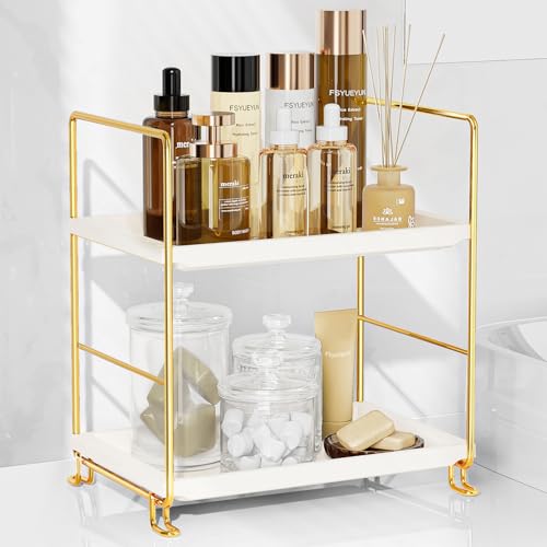 FSyueyun 2-Tier Bathroom Countertop Organizer, Makeup Organizer for Vanity | Gold Metal Frame with White Plastic Shelf, Tool-Free Setup, Bathroom Counter Organizer Tray for Skincare, Perfume, Cosmetics - color: Gold