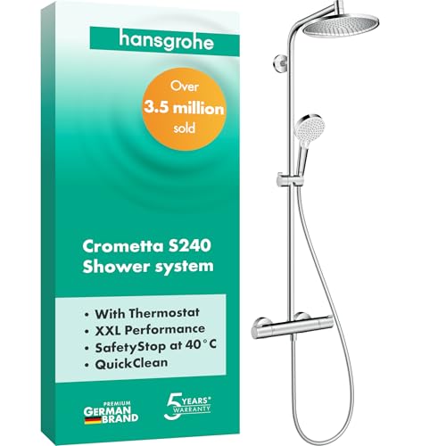 Hansgrohe Crometta S Shower System With Thermostat, Rainfall Head (⌀ 240 mm), Hand Shower (2 Sprays), Hose, Rail and Round Head (1 Spray), Chrome - size: with thermostat, style: 1 spray mode