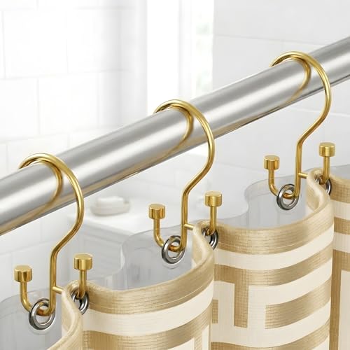 Bathway 12-Pack Double Shower Curtain Hooks, Rust-Resistant Metal Shower Curtain Rings with High-Low Design to Separate Liner & Curtain, Smooth Glide, Gold - color: Gold