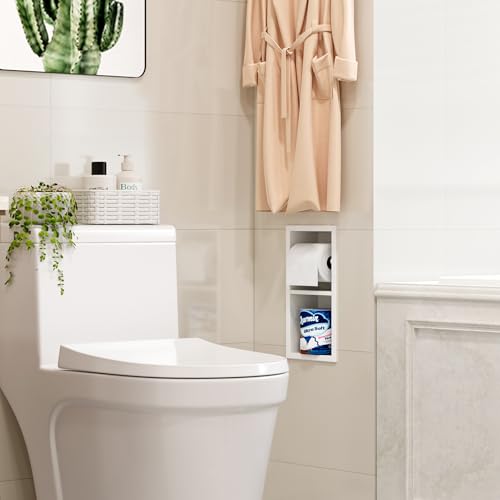 Qeke Recessed Toilet Paper Holder, 304 Stainless Steel Bathroom Toilet Paper Holder with Storage, in Wall Tissue Toilet Roll Holder, Matte White | 304 Stainless Steel, Rustproof & Durable, Space-saving, in Wall Tissue Holder for Bathroom & RV - color: Mat