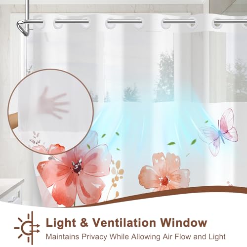 No Hook Shower Curtain with Snap in Liner, Double Layer Waterproof Bathroom Shower Curtain with Mesh Top Window and Weighted Hem, Machine Washable Farmhouse Floral Bath Curtain, 71" W x 74" L - color: Pastel Watercolor Floral