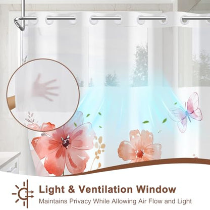 No Hook Shower Curtain with Snap in Liner, Double Layer Waterproof Bathroom Shower Curtain with Mesh Top Window and Weighted Hem, Machine Washable Farmhouse Floral Bath Curtain, 71" W x 74" L - color: Pastel Watercolor Floral