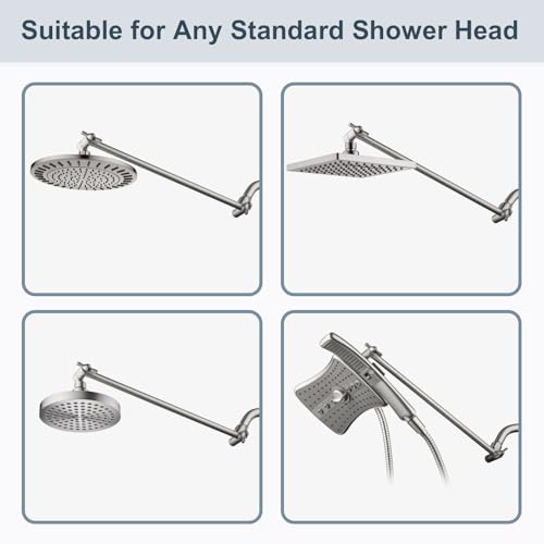 BRIGHT SHOWERS 15 Inch Extra Long Shower Head Extension Arm, Solid Brass Shower Arm Extender with Locking Screw for Rain and Handheld Showerhead, Height & Angle Adjustable, Brushed Nickel - color: Brushed Nickel, style: 15 Inch