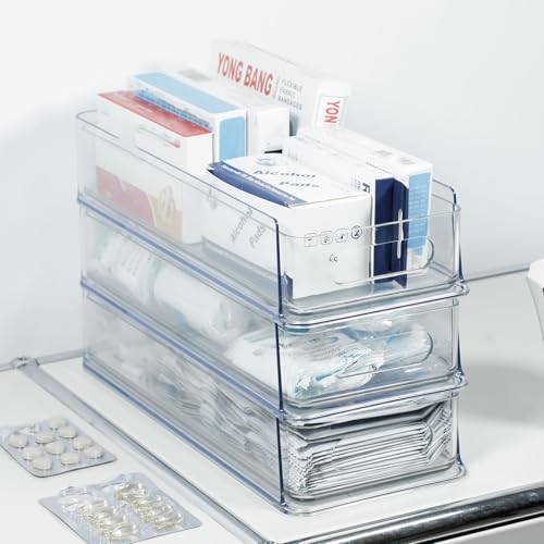 3 Tier Stackable Storage Drawer Organizer, Clear, Small | Plastic, Narrow Pull Out Container, For Under Sink, Corner, Kitchen Cabinet, Coffee bar, Pantry, Laundry, Countertop