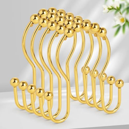 Resze Double Shower Curtain Hooks, Sturdy Metal Nickel Shower Curtain Rings, Glide Roller Shower Hooks,Rust Proof Anti-Drop Curtain Hooks, 12 Pcs Smooth Sliding Rings for Bathroom Shower Rods Curtains - color: Gold
