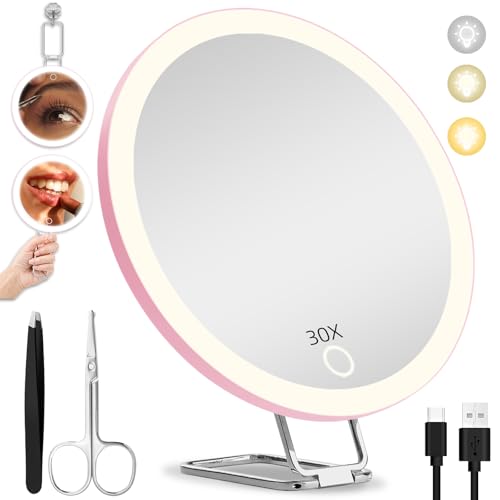30X Magnifying Mirror with Lights, 6inch Makeup Magnified Mirror 30X Lighted Travel Magnification with 3 Suction Cups and 360° Adjustable Stand- Includes Tweezers & Scissors - color: Pink-30x