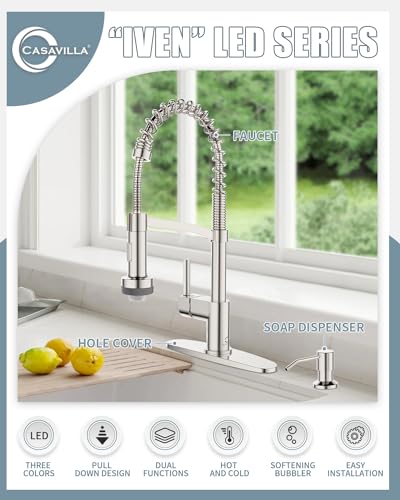 Kitchen Faucet with Soap Dispenser, LED Kitchen Faucet, Faucet for Kitchen Sink, Single Handle Stainless Steel Camper Farmhouse RV Sink Faucets with Pull Down Sprayer, Nickel Brushed - color: B-Brushed Nickel, style: Contemporary
