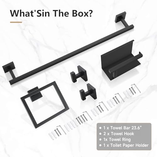 TQKAG 5-Pieces Matte Black Bathroom Hardware Accessories Set 23.6" SUS304 Stainless Steel Towel Bar Set Wall Mounted Square Toilet Paper Holder with Shelf - color: Matte Black, size: 5-Pieces Set-B