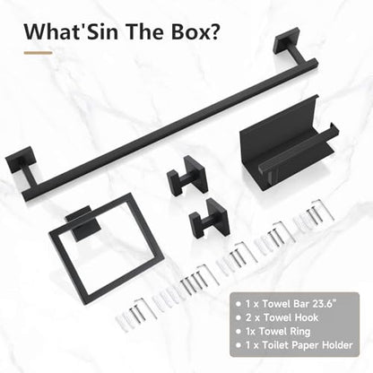 TQKAG 5-Pieces Matte Black Bathroom Hardware Accessories Set 23.6" SUS304 Stainless Steel Towel Bar Set Wall Mounted Square Toilet Paper Holder with Shelf - color: Matte Black, size: 5-Pieces Set-B