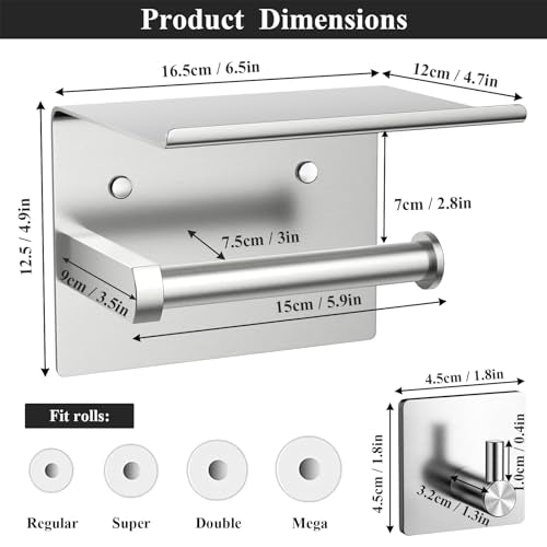 Tindbea Mega Size Toilet Paper Holder with Shelf + Towel Robe Hooks, Adhesive or Screw Wall Mounted Toilet Paper Roll Holder, Stainless Steel Bathroom Hardware Set (Brushed Nickel) - color: Brushed Nickel, size: Large
