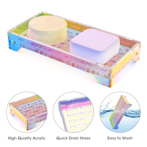 NiHome Self Draining Soap Dish, Acrylic Bar Soap Holder for Shower | 360° Airflow Slotted Drainage Keeps Bars Dry, Durable & Easy Clean for Bathroom Kitchen Sink, Iridescent Acrylic - color: Iridescent