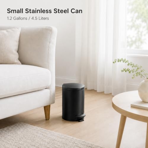 TIPGO Small Bathroom Trash Can with Lid Soft Close, 1.2 Gal, Matte Black | Hands-Free Step Pedal, Removable Inner Bucket, 4.5 Liters, Round Stainless Steel Garbage Can for Bedroom, Office, Kitchen - color: Matte Black