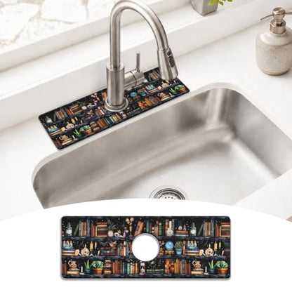 Halloween Kitchen Sink Splash Guard Faucet Mat,Black Witches Bookshelf Skulls Halloween Faucet Non-slip Absorbent Mat,Farmhouse Sink Splash Guard Behind Faucet for Kitchen Bathroom,15"x5.5" - color: Drying Faucet Mat 16