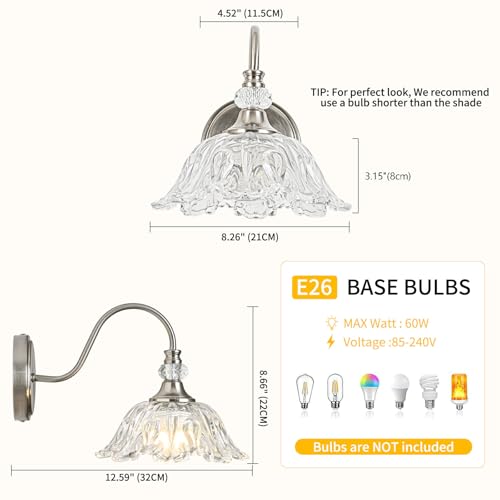 1 Piece Brushed Nickel Wall Sconce with Flower Shade | Brushed Nickel Wall Sconce,Flower Glass Shade,E26 Base,for Bathroom,Living Room,Bedroom - color: Nickel, size: 1-Light