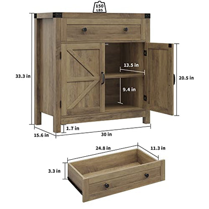 HOSTACK Kitchen Storage Cabinet, Farmhouse Coffee Bar Cabinet, Rustic Brown | Small Buffet Cabinet with Doors & Wide Drawer, Wood Sideboard Buffet, Entry Table w/ Adjustable Shelf for Dining Living Room - color: Rustic Brown