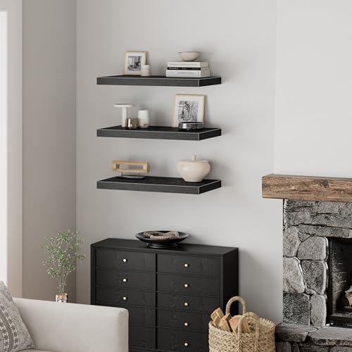 QEEIG 12" Deep Floating Shelves for Wall - 12 x 24 inch Book Shelf Bathroom Bedroom Kitchen Living Room Hanging Bookshelf Farmhouse Set of 3, Black (026-60B3) - color: B. Black, size: 23.6" x 12"