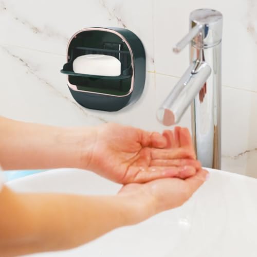 ASTIMESA 2 Packs Waterproof Wall-Mounted Soap Dishes Box, Adhesive Plastic Soap Holder with Drain Lid Tray for Bar Bathroom Shower Keep Dry Flip Self Draining White & Dark Blue - color: White & Dark Blue