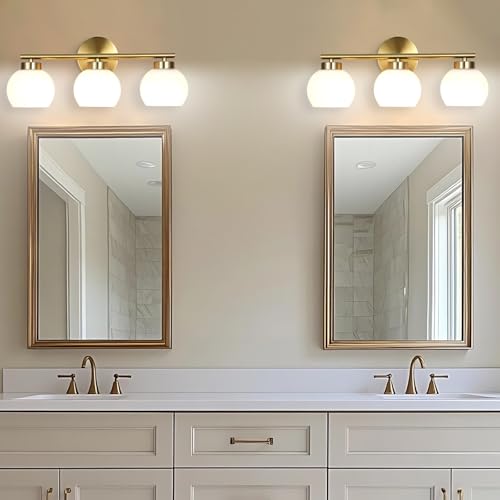 3 Light Bathroom Vanity Light, 20" Brushed Gold Bathroom Light Fixtures Over Mirror with Milky White Glass Globe Shade, Mid Century Modern Brass Wall Sconces, E26 Socket - color: Gold & Milky White Glass, size: 3-Light