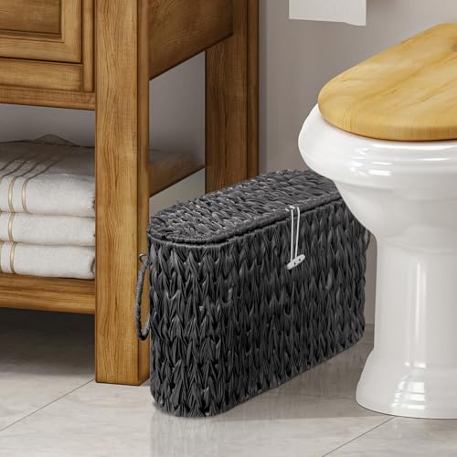 Coeusy Black Toilet Paper Basket with Lid,Wicker Toilet Paper Storage Stand,Large Narrow Bathroom Towel Basket Mega Roll Container Bin for Toilet Tank,Floor - color: Black