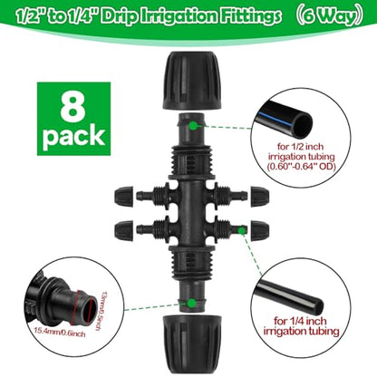 1/2 Inch To 1/4 Drip Irrigation Fittings - 8 Pack Drip Line Irrigation 1/2'' to 1/4'' Barbed Tee Adapter Anti-Drop Lock Nut Barbed Reducer 6 Way Connectors for Drip Irrigation System - size: 1/2" 6 Way Tee