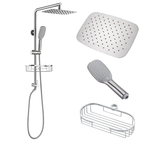 SonTiy 12-Inch Rain Shower Head with Handheld Spray and Shower Shelf, All Metal Shower System Kit with Hand Shower, Height Adjustable Holder and Brass Diverter, 1.8GPM, Brushed Nickel - color: Brushed Nickel, style: 1.8 Gallons Per Minute-Square