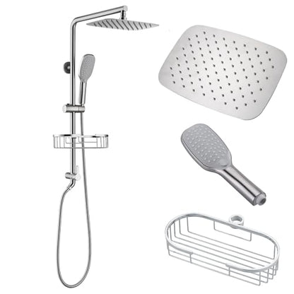 SonTiy 12-Inch Rain Shower Head with Handheld Spray and Shower Shelf, All Metal Shower System Kit with Hand Shower, Height Adjustable Holder and Brass Diverter, 1.8GPM, Brushed Nickel - color: Brushed Nickel, style: 1.8 Gallons Per Minute-Square