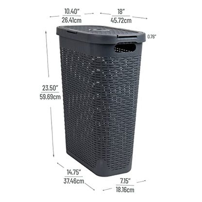 Mind Reader Slim Laundry Hamper with Lid, 40L Clothes Basket, Narrow Tapered Design with Ventilated Cutout Pattern, Plastic, Gray - color: Gray, size: Single