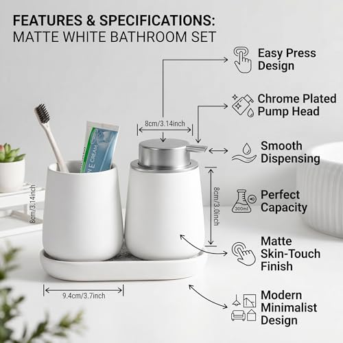 Ceramic Bathroom Accessories Set, 3 Pieces with Soap Dispenser, Toothbrush Holder, and Cup, Matte Black, Polished Finish (White) - color: White