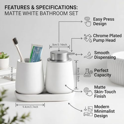 Ceramic Bathroom Accessories Set, 3 Pieces with Soap Dispenser, Toothbrush Holder, and Cup, Matte Black, Polished Finish (White) - color: White