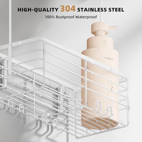 SHANSHUI Shower Caddy Hanging Bathroom Organizer Basket, Shampoo Bracket, Over Door Showers Caddy with Hooks, 304 Stainless Steel Rust Proof Rack- White - size: 10.98"D x 4.7"W x 13.6"H