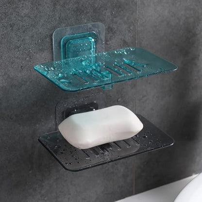 Wall Mounted Hollow Design, Waterproof Soap Stand Holder with Adhesive Sticker No-Drilling Soap Holder Ideal for Kitchen, Bathroom (Blue, 13.5x8.7cm) - color: Blue