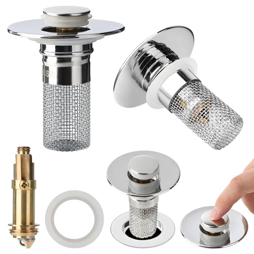 2pcs Bathroom Sink Drain Strainer Pop Up Sink Drain Stopper with Removable Stainless Steel Filter Basket, for US Universal Bathroom Kitchen Basin Sink Stopper Bathroom Sink Stopper