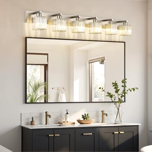 Aipsun Brushed Nickel Bathroom Light Fixtures 6 Light Vanity Lighting Fixture Crystal Modern Bathroom Vanity Light (Exclude Bulb) - color: Brushed Nickel, size: 49 inch