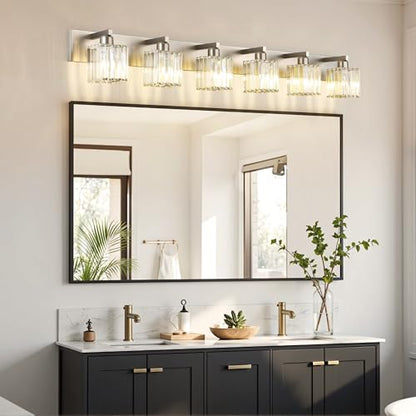 Aipsun Brushed Nickel Bathroom Light Fixtures 6 Light Vanity Lighting Fixture Crystal Modern Bathroom Vanity Light (Exclude Bulb) - color: Brushed Nickel, size: 49 inch