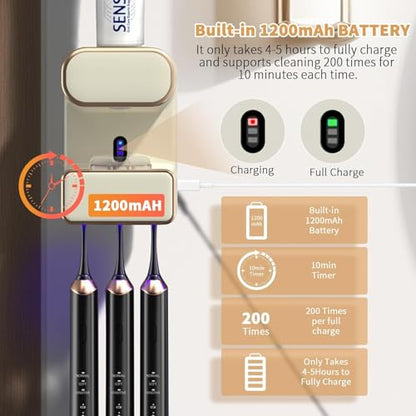 Automatic Toothpaste Dispenser, Electric Toothpaste Dispenser Multi-Function, Toothbrush Cleaner Wall Mounted with 3 Brush Slots, Toothbrush Organizer and Holder for Bathroom (Beige) - color: White