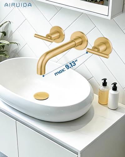 Airuida Wall Mounted Bathroom Sink Faucet,Brushed Gold Vanity Sink Faucet | Lever Handle,3 Holes,360° Widespread Swivel Spout,Rotatable Bathroom Faucet - color: Brushed Gold
