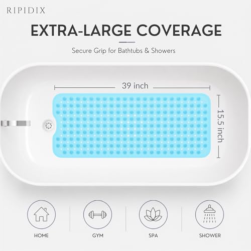 Bathtub Mat Non-Slip – 39" x 15.5" Extra Long Shower Mat with Suction Cups, BPA Free & Machine Washable, Textured Bath Mat for Tub, Ideal for Kids, Seniors & Pregnant Women, Clear Blue - color: Light Blue