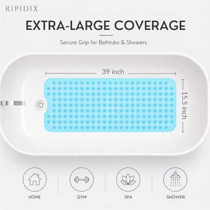 Bathtub Mat Non-Slip – 39" x 15.5" Extra Long Shower Mat with Suction Cups, BPA Free & Machine Washable, Textured Bath Mat for Tub, Ideal for Kids, Seniors & Pregnant Women, Clear Blue - color: Light Blue