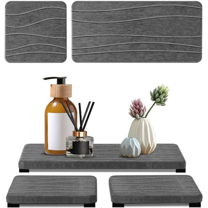 3PCS Water Absorbing Stone Tray, Fast Drying Stone Sink Tray, Stones Soap Trays, Water Absorbent Diatomite Trays, Diatomite Coasters for Kitchen Sink Bathroom Counter, Hand Soap Dish & Holders - color: 1pcs 21×10cm + 2pcs 10×10cm Dark Gray Wave
