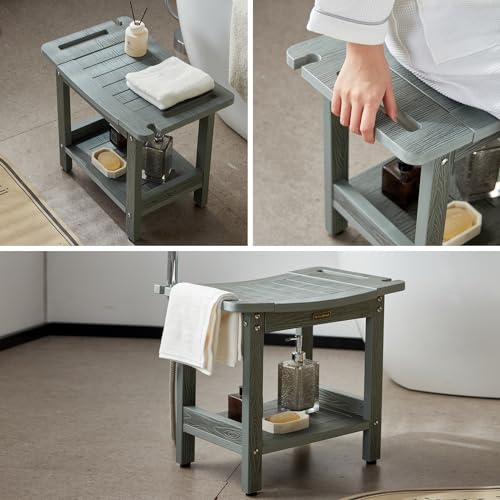 HDPS Shower Bench for Inside Shower, Gray Waterproof Shower Stool for Shaving Legs, Poly Lumber Shower Chair Seat with Handles & Shower Head Holder, Bathroom Shower Foot Rest Stool with Storage Shelf - color: Gray Shower Bench