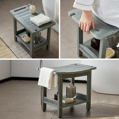 HDPS Shower Bench for Inside Shower, Gray Waterproof Shower Stool for Shaving Legs, Poly Lumber Shower Chair Seat with Handles & Shower Head Holder, Bathroom Shower Foot Rest Stool with Storage Shelf - color: Gray Shower Bench