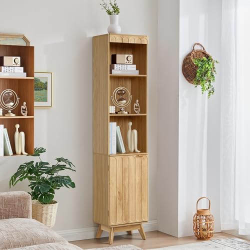 Tall Narrow Bookshelf with Door, Mid Century Modern Bookcase, 71" Slim Storage Cabinet with Adjustable Shelves, Modern Open Display Storage Organizer for Living Room Bathroom Office, Natural - color: Natural-door, size: 11.8"D x 15.75"W x 71"H