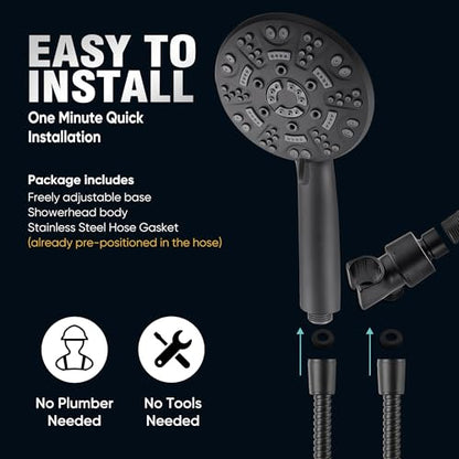 Cobbe 8-Setting Handheld Shower Head, Water-Saving Design, Matte Black | Trickle Pause Mode, 5ft Stainless Steel Hose, Brass Swivel Bracket, Tool-Free Installation - color: Matte Black