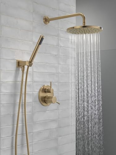 Delta Modern 14 Series Round Rain Shower System Faucet Set, Rainfall Brushed Gold Shower Head and Handle Set, Valve Trim Kit, 10 Inch, Champagne Bronze 342702-CZ - color: Champagne Bronze